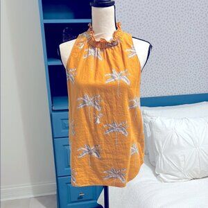 Ann Taylor Palm Tree Linen blend Ruffle Collar Shell Size small